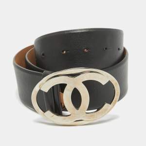 Chanel Black Leather CC Logo Round Buckle Wide Belt 90CM