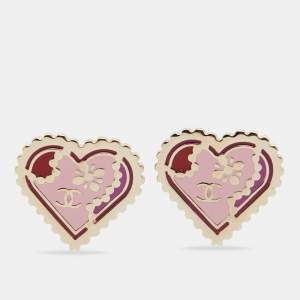 Pre Owned Chanel CC Heart Multicolor Enamel Gold Tone Clip On Earring