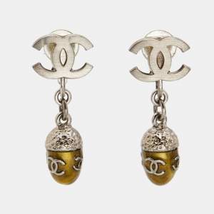 Chanel CC Enamel Silver Tone Drop Clip On Earrings
