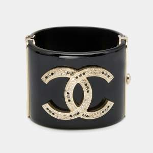 Chanel CC Resin Crystal Studded Gold Tone Wide Cuff Bracelet