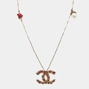 Pre Owned Chanel CC Enamel Crystal Gold Tone Necklace