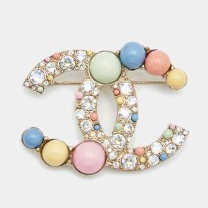 Pre Owned Chanel CC Resin Crystals Gold Tone Brooch