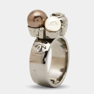 Pre Owned Chanel CC Faux Pearl Crystals Gunmetal Tone Ring Size 54