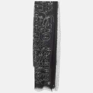 Chanel Black Camellia CC Print Cashmere Shawl