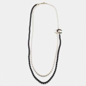 Chanel CC Faux Pearl Black Beaded Resin Gold Tone Long Necklace