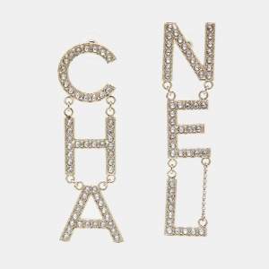 Chanel Pale Gold Tone Crystal Studded Logo Drop Earrings