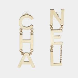 Pre Owned Chanel Letter Gold Tone Drop Earrings
