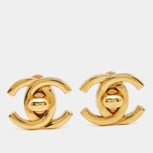 Chanel CC VIntage Turn Lock Gold Tone Clip on Earrings