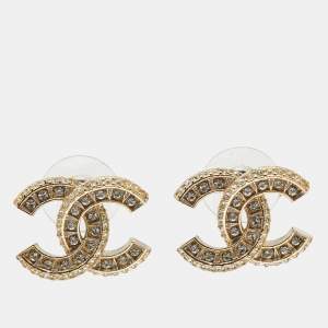 Chanel CC Crystals Enamel Gold Tone Earrings 