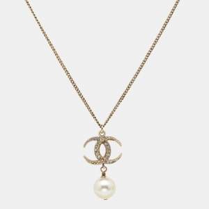 Chanel CC Faux Pearl Crystals Gold Tone Metal Pendant Necklace