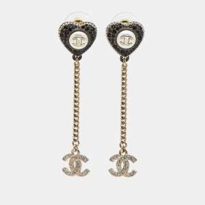 Pre Owned Chanel  CC Heart Crystals Faux Pearl Gold Tone Drop Earrings