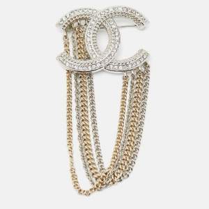 Pre Owned Chanel Strass CC Multi-Chain Crystals Two Tone Pin Brooch
