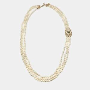 Pre Owned Chanel CC Faux Pearl Resin Gold Tone Multi Strand Neckalce