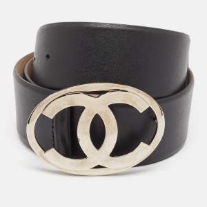 Chanel Black Leather CC Oval Logo Buckle Belt 90CM