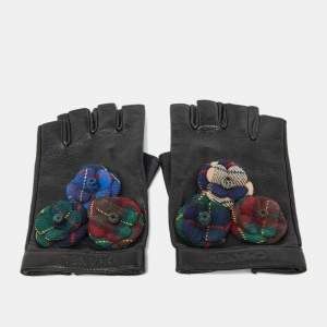 Chanel Black Camellia Fingerless Leather Gloves