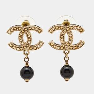 Pre Owned Chanel CC Bead Crystals Gold Tone Drop Earrings