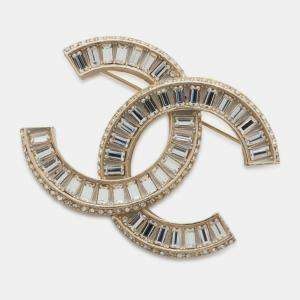 Chanel Champagne Gold Metal CC Logo/Rhinestone Brooch