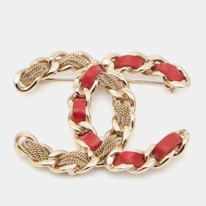 Pre Owned Chanel  CC Red Leather Gold Tone Brooch