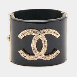 Chanel CC Resin Crystal Studded Gold Tone Wide Cuff Bracelet