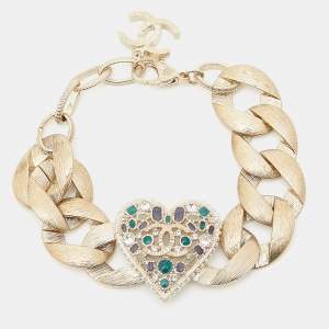 Pre Owned Chanel CC Enamel Crystals Faux Pearl Gold Tone Bracelet