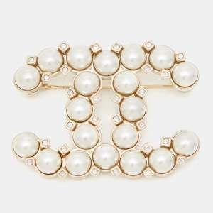 Chanel CC Faux Pearl Crystals Gold Tone Pin Brooch