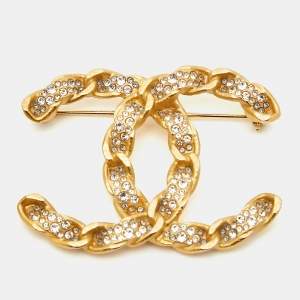 Pre Owned Chanel CC Crystal Embellished Gold Tone Pin Brooch