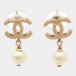 Chanel CC Faux Pearl Textured Gold Tone Drop Earrings
