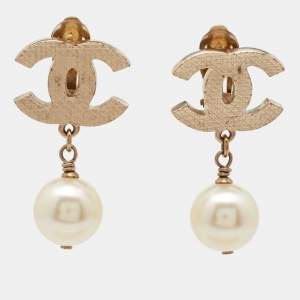 Chanel CC Faux Pearl Gold Tone Earrings