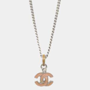 Chanel Rhinestone Silver CC Chain Necklace Pendant 4P