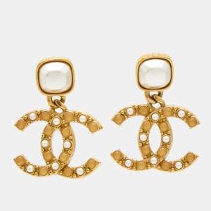 Pre Owned Chanel CC Faux Pearl Resin Gold Drop Earrings