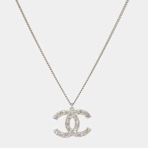 Chanel CC Crystals Silver Tone Pendant Necklace