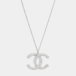 Chanel CC Crystal Silver Tone Pendant Necklace