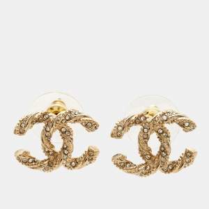 Pre Owned Chanel CC Crystal Twisted Gold Tone Earrings