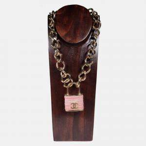 Pre Owned Chanel CC Pink Tweet Padlock Gold Tone Oversized Chain Necklace