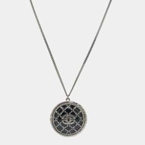 Pre Owned Chanel CC Enamel Gunmetal Tone Openable Long Pendant Necklace