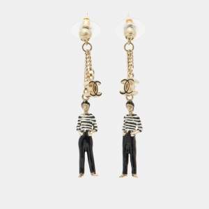 Chanel CC Enamel Gandola Man Gold Tone Earrings