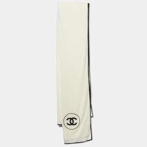 Chanel Cream CC Embroidered Cashmere & Silk Knit Scarf