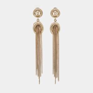 Chanel CC Logo Chain Tassel Gold Tone Long Earrings