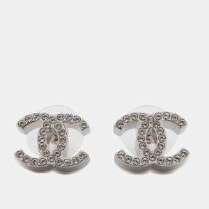 Chanel Silver/Transparent Metal Rhinestone Cc Logo Rhinestone Earrings