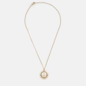 Chanel CC Faux Pearl Crystals Gold Tone Pendant Necklace