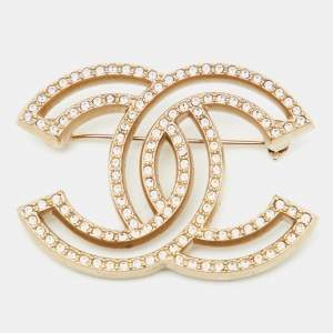 Pre Owned Chanel CC Crystals Gold Tone Brooch