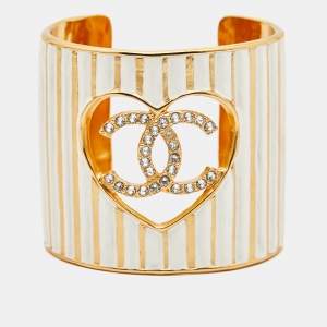 Chanel CC Heart Crystals Enamel Gold Tone Cuff Bracelet