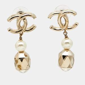 Chanel CC Faux Pearl Gold Tone Earrings