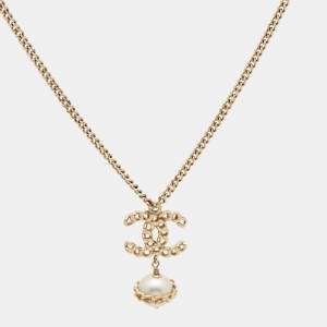 Chanel CC Faux Pearl Gold Tone Chain Link Drop Necklace