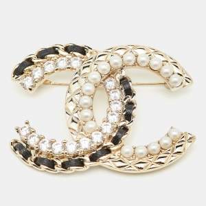 Pre Owned Chanel CC Faux Pearl Crystal Leather Gold Tone Brooch