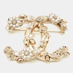 Chanel CC Faux Pearl Crystal Floral Gold Tone Brooch