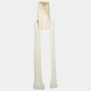 Chanel White Cashmere Knit Fringed Hood Scarf 