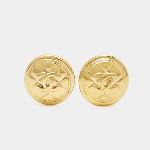 Chanel CC Vintage Quilted Gold Tone Clip On Earrings