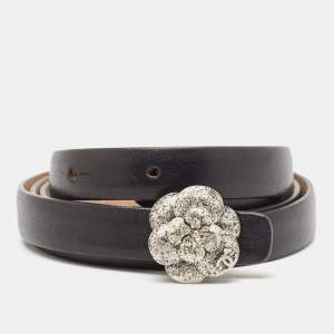 Chanel Black Leather Camellia Buckle Slim Belt 90CM