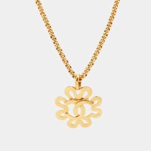 Chanel Vintage CC Logo Clover Gold Tone Pendant Necklace